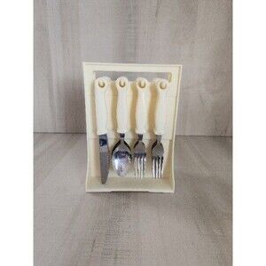 Vintage Stainless Beige Plastic Handle Flatware 24 Piece Silverware Made Taiwan